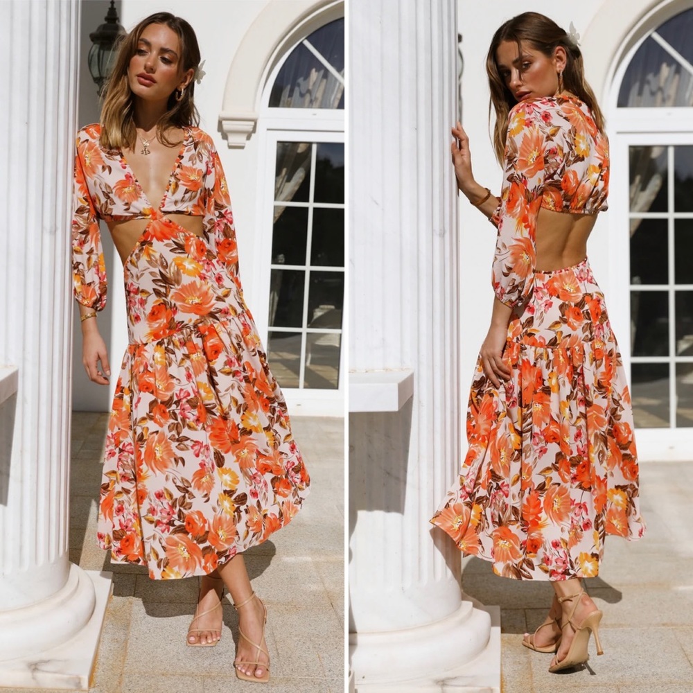 Hello Molly Midi Dress Size S Don't Stop Me Floral Orange Cut Out Long Sleeve - Picture 2 of 10